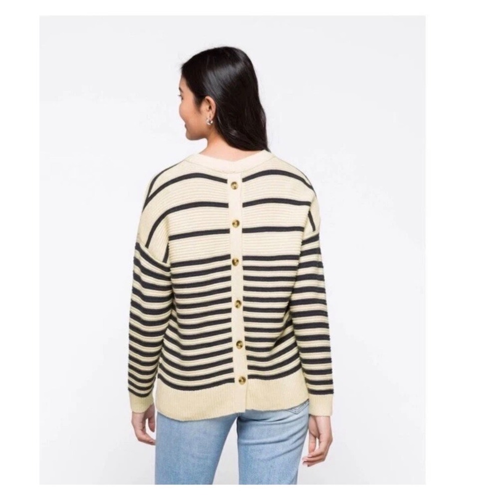 Madewell Striped‎ Greensboro Button-Back Sweater Cream Navy Blue Sz Small